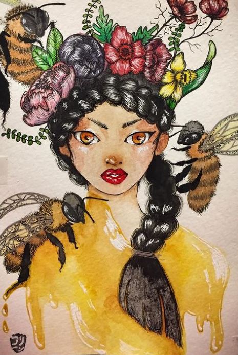 illustration of a girl with flower crown dripping in honey surrounded by bees